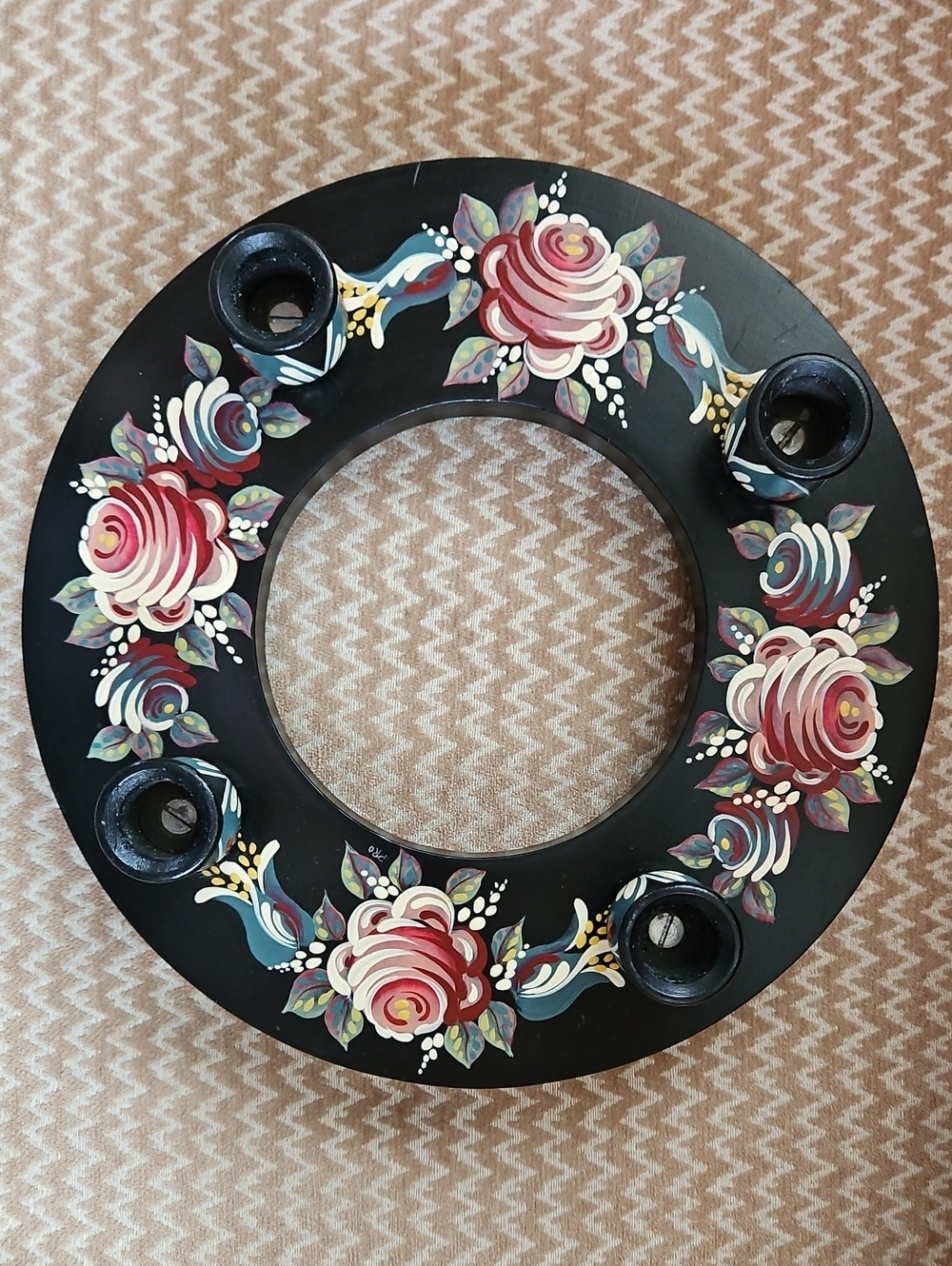 VTG Hand-Painted Norwegian Rosemaling Wood Advent Wreath Candle Holder, Signed